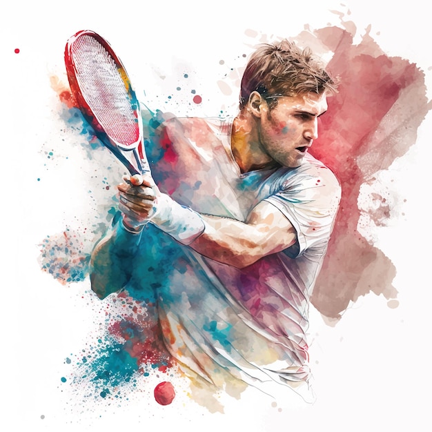 Watercolor painting of a man playing tennis