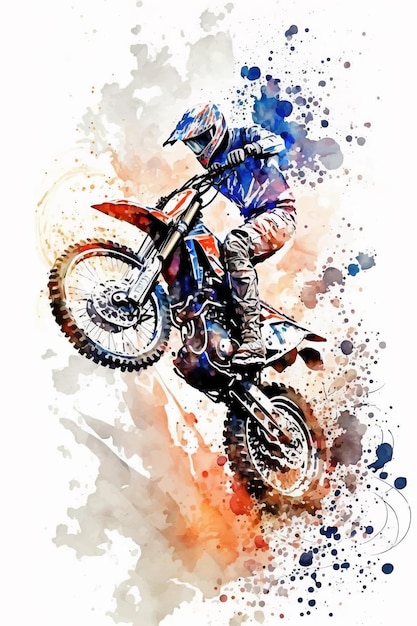 A watercolor painting of a motocross rider.