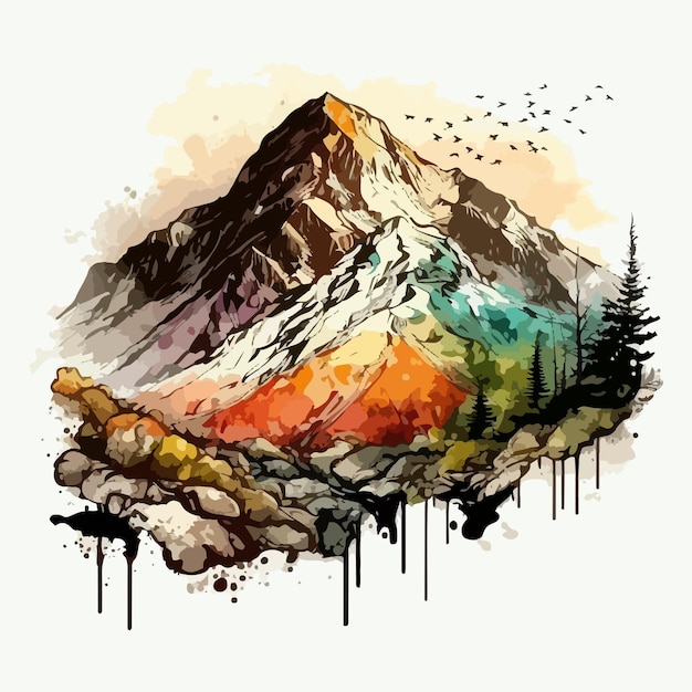 Watercolor painting of a mountain with pop art colors