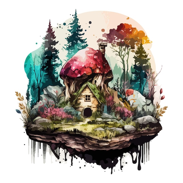 Watercolor painting of mushroom house forest