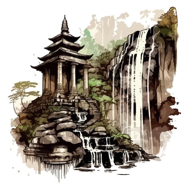 Watercolor painting of an old temple on a waterfall cliff