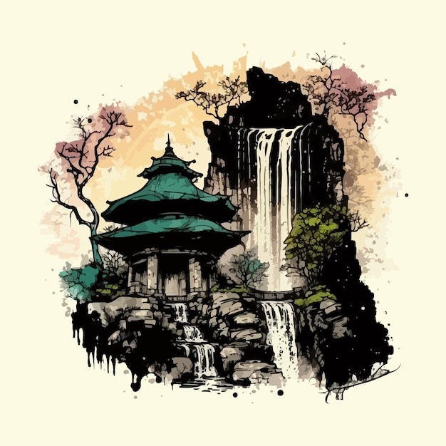 Watercolor painting of old waterfall and old temple