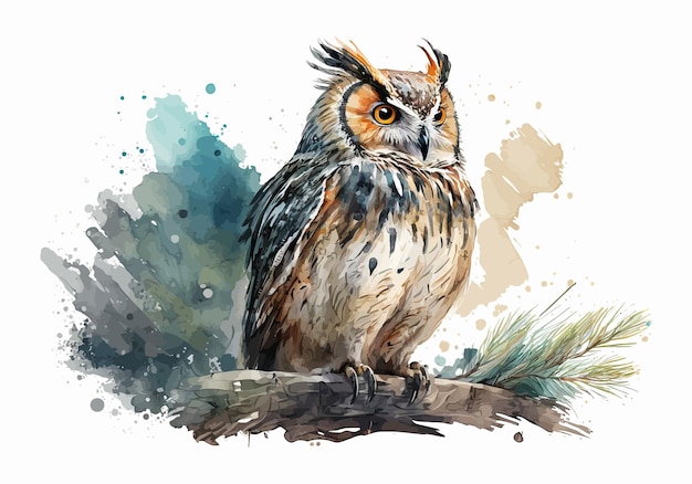 Watercolor painting of an owl sitting on a branch Vector illustration