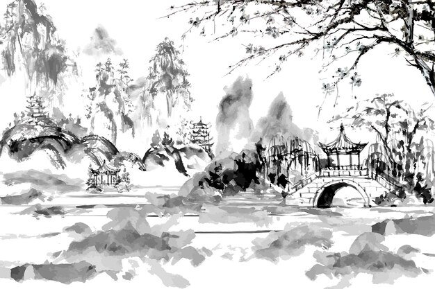 Vector watercolor painting painted in sumie style a pavilion in the middle of a valley