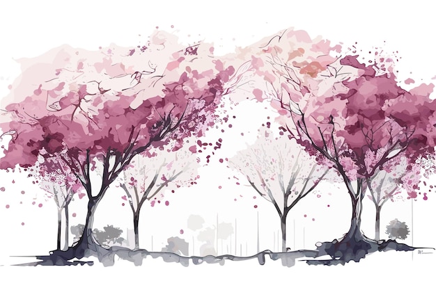 A watercolor painting of a park with pink and pink trees.