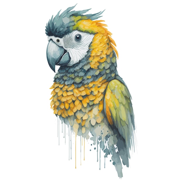 A watercolor painting of a parrot with yellow feathers and blue feathers.