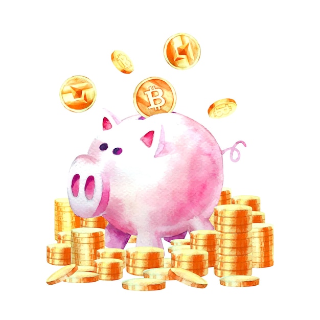 watercolor painting of piggy bank saving money with cryptocurrency modern savings