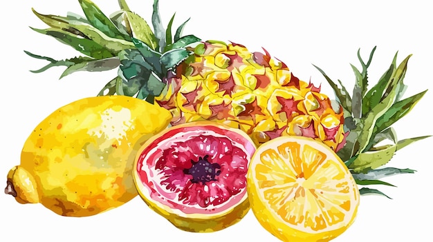 a watercolor painting of a pineapple and a lemon