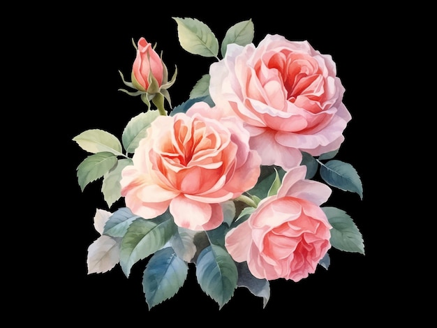 watercolor painting of pink roses on a black background