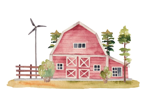 Watercolor painting of a red barn with a wind turbine in the background