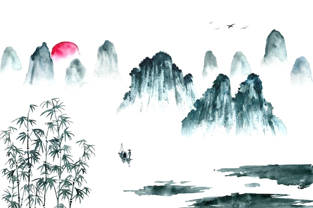 Watercolor painting of scenery in oriental Chinese style.