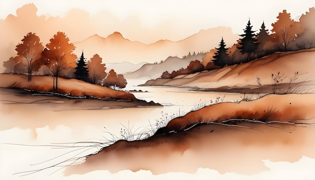 Vector a watercolor painting of a serene landscape with a meandering river flowing through a valley the image captures the beauty of nature and the tranquility of the outdoors