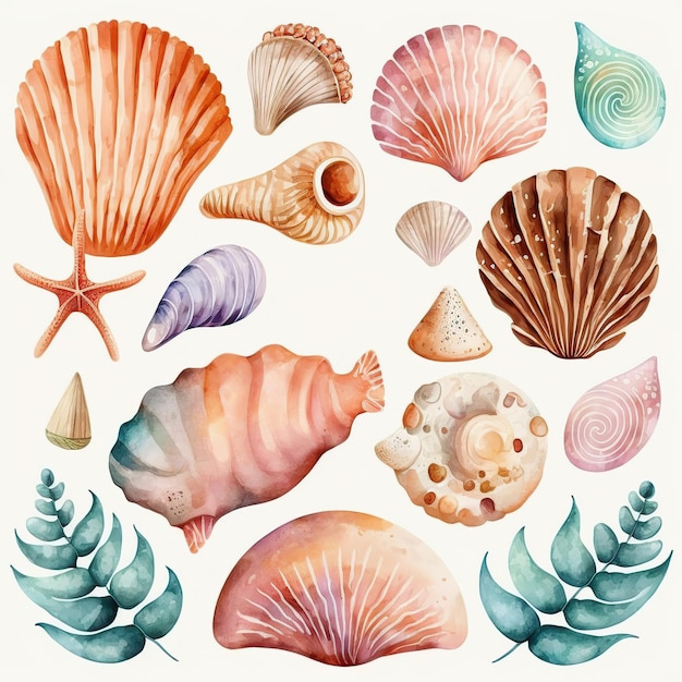 A watercolor painting of shells and leaves.