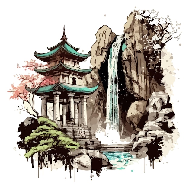 Watercolor painting of a small temple monument beside a waterfall