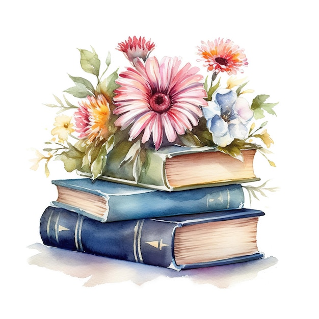 A watercolor painting of a stack of books with flowers on top.