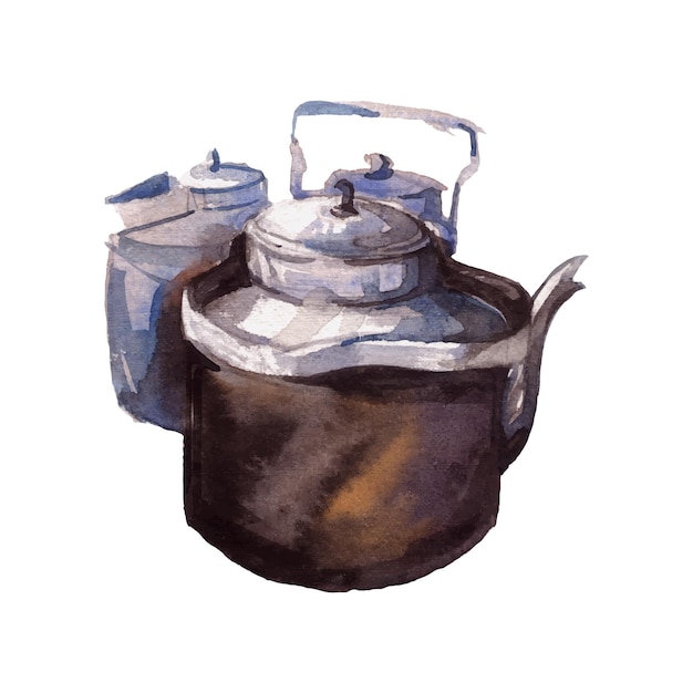 watercolor painting of tea kettle