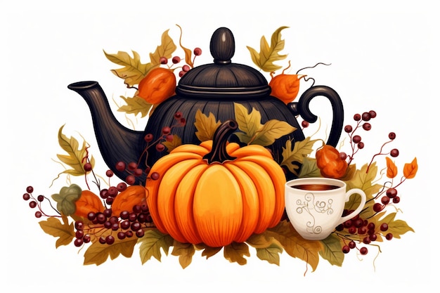 a watercolor painting of a teapot and a pumpkin