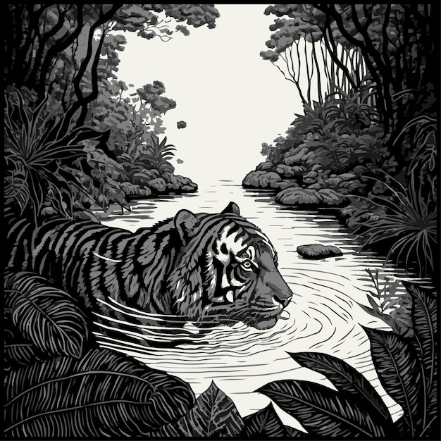 Watercolor painting of a tiger swimming in a swamp