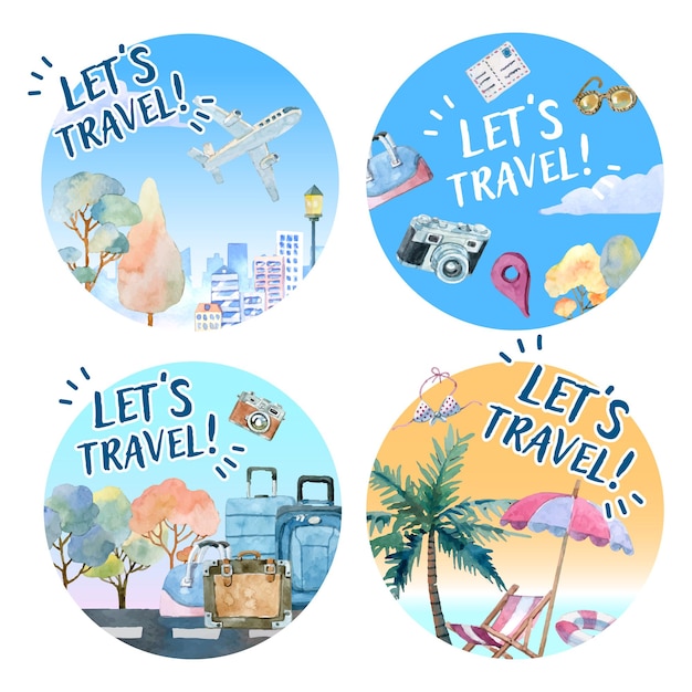 Watercolor painting travel elements in 4 round shapes design