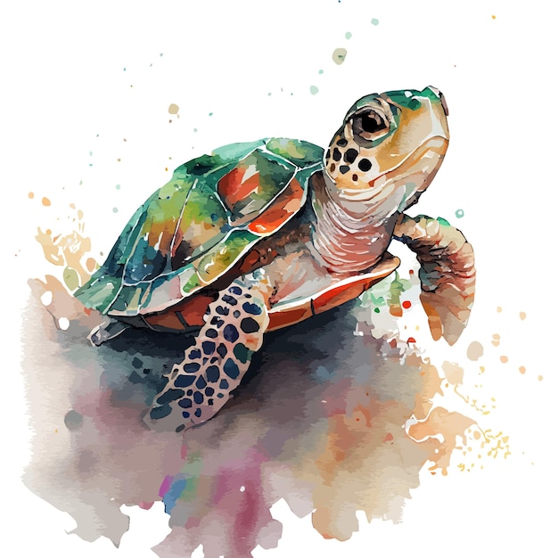 A watercolor painting of a turtle with a green shell.