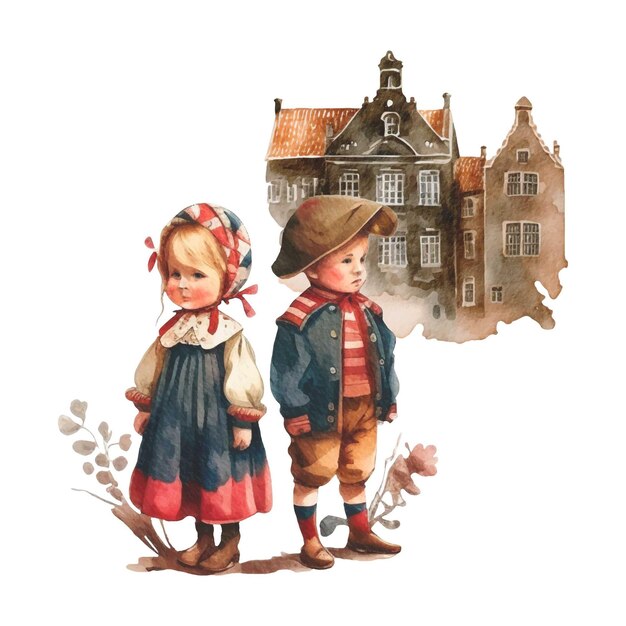 Vector watercolor painting of two children in traditional dutch clothing amsterdam street house building