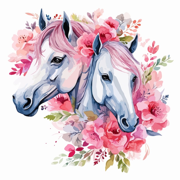 a watercolor painting of two horses in pink flowers