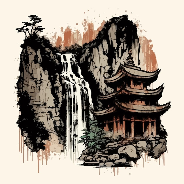 Watercolor painting of waterfall and ancient temple