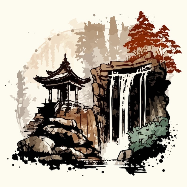 Watercolor painting of a waterfall and a small temple on a hill