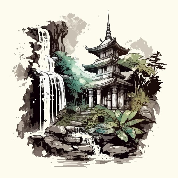 Watercolor painting of waterfall and temple on hill