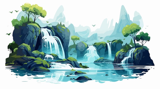 Vector a watercolor painting of a waterfall with trees and water splashes