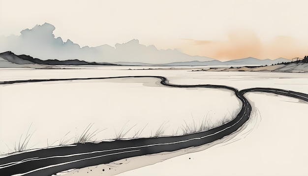 Vector a watercolor painting of a winding road through a desolate landscape with mountains in the background