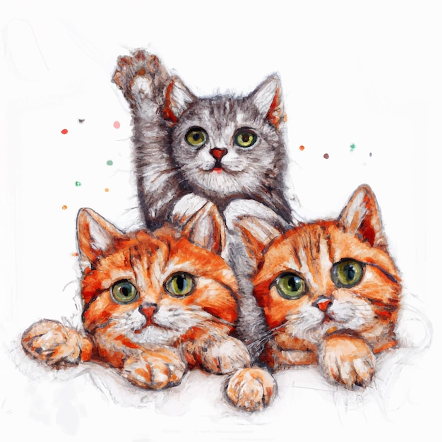 Watercolor painting with cats hand drawn, three cute kittens on a white background