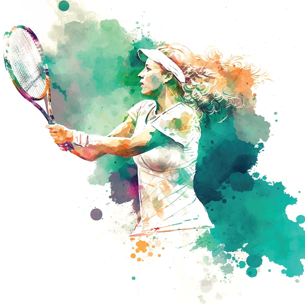 Watercolor painting of a woman playing tennis