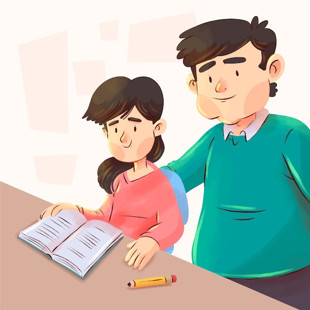 Watercolor parents helping children with homework illustration