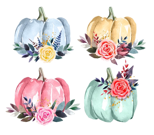 Watercolor pastel pumpkins and flowers