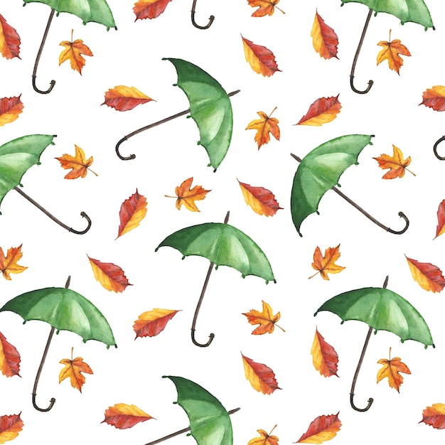 Watercolor pattern of green umbrellas and autumn leaves Watercolor autunm