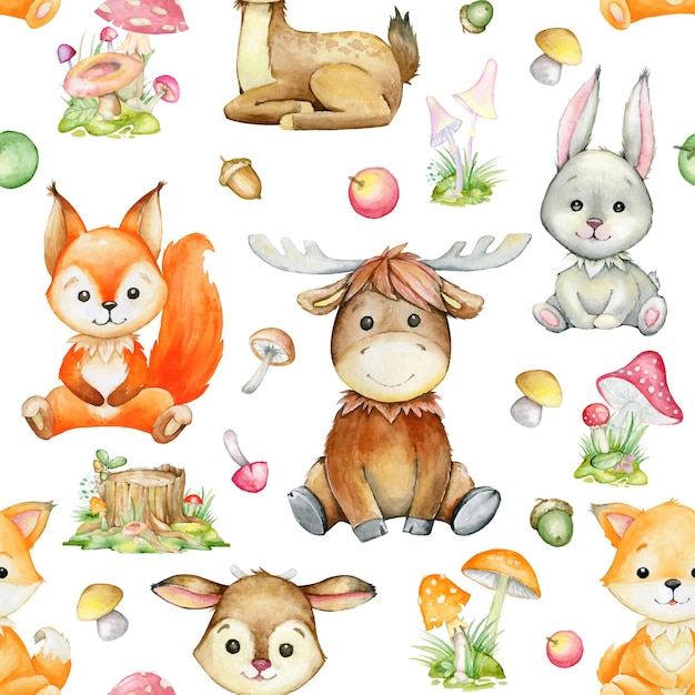 Watercolor pattern, on an isolated background. Squirrel, deer, elk, rabbit, fox, plants. Forest animals in cartoon style.