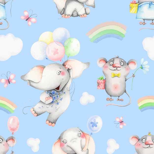 Watercolor pattern with baby elephants balloons rainbow