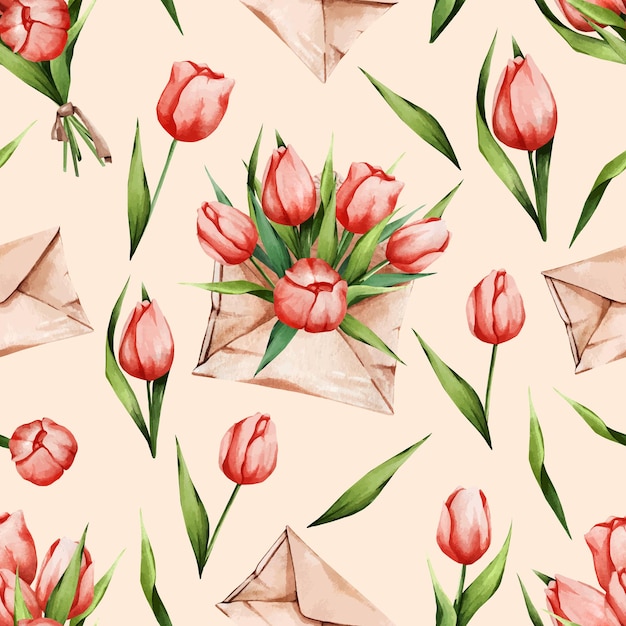 Watercolor pattern with flowers in an envelope Red tulips on a beige background