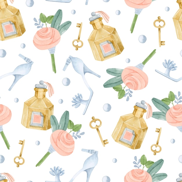 Watercolor perfume bottle wedding shoes and rose boutonniere seamless pattern