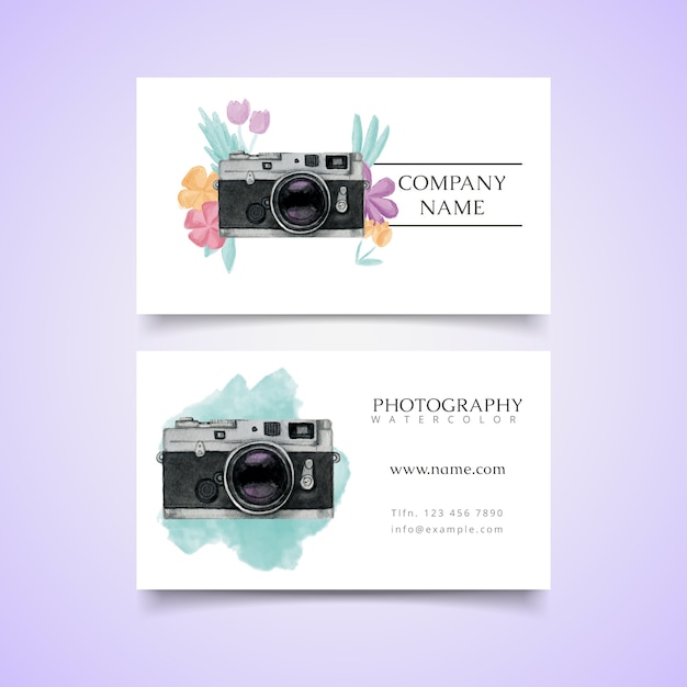 Watercolor photo studio card with polaroid camera