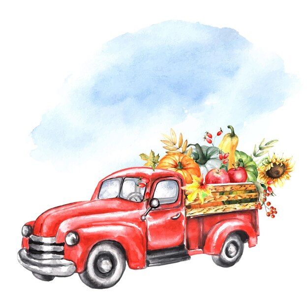 Vector watercolor pickup card with pumpkin harvest illustration for rustic holiday design sales gardening