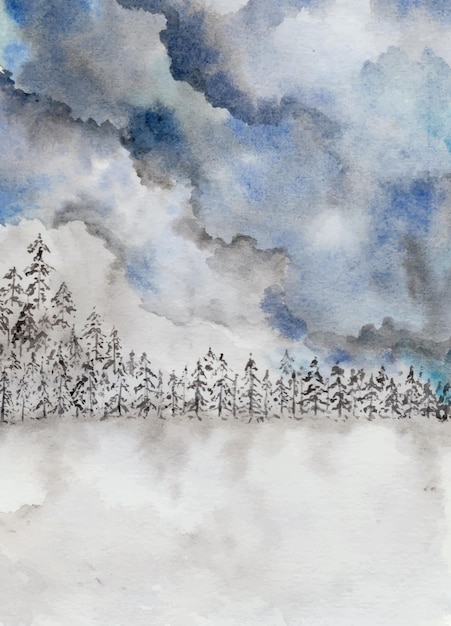 Watercolor pine forest on winter vibes.