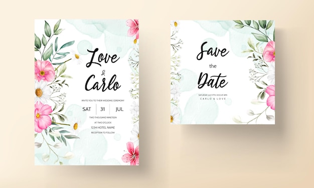 Vector watercolor pink floral invitation card template