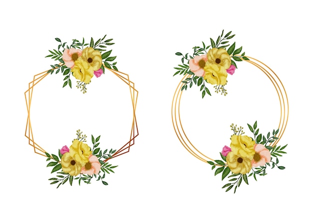 Watercolor pink floral wreath with golden circle