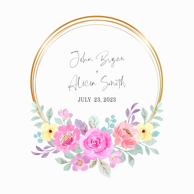 Watercolor pink floral wreath with golden frame