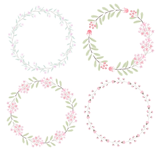 Watercolor pink flowers wreath for wedding or valentines day collection