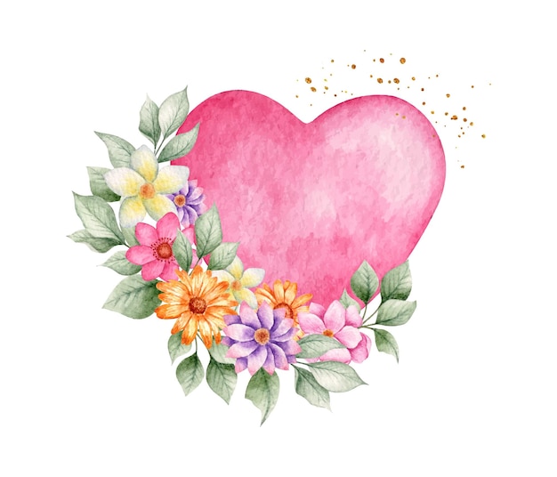 Watercolor pink heart with flowers