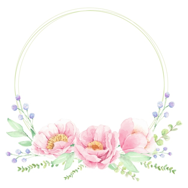 Watercolor pink peony flower bouquet arrangement wreath frame