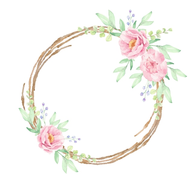 Watercolor pink peony flower bouquet on brown dry twig wreath frame